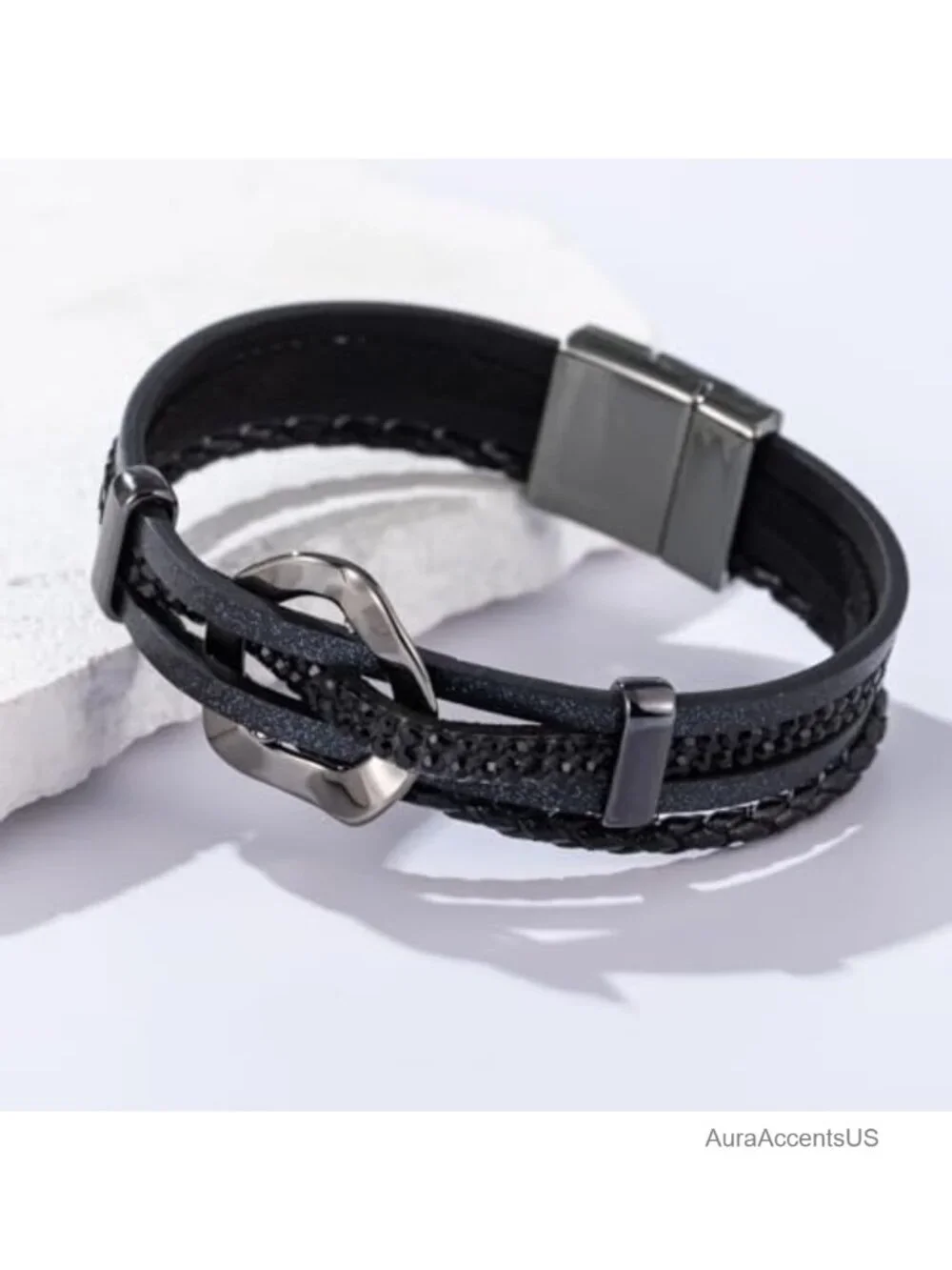 Braided Leather Wrap Bracelet Boho Rhinestone Cuff